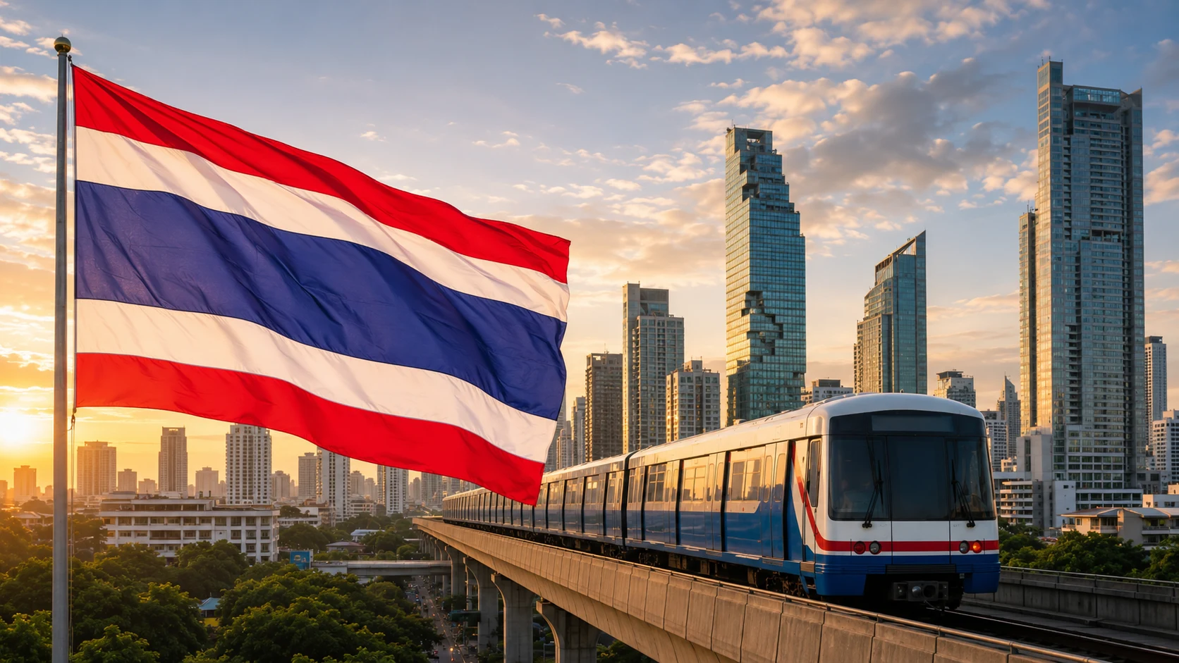 泰國國旗與曼谷架空列車示意圖片