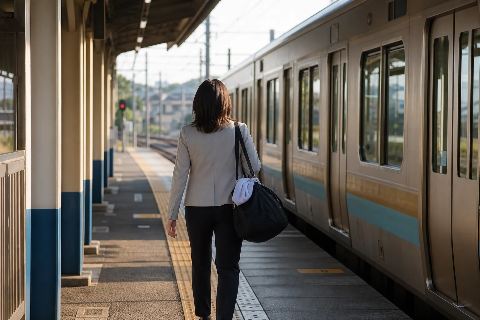 一名柔道人在火車月台上攜着摺好的白色柔道服,列車從旁駛過。