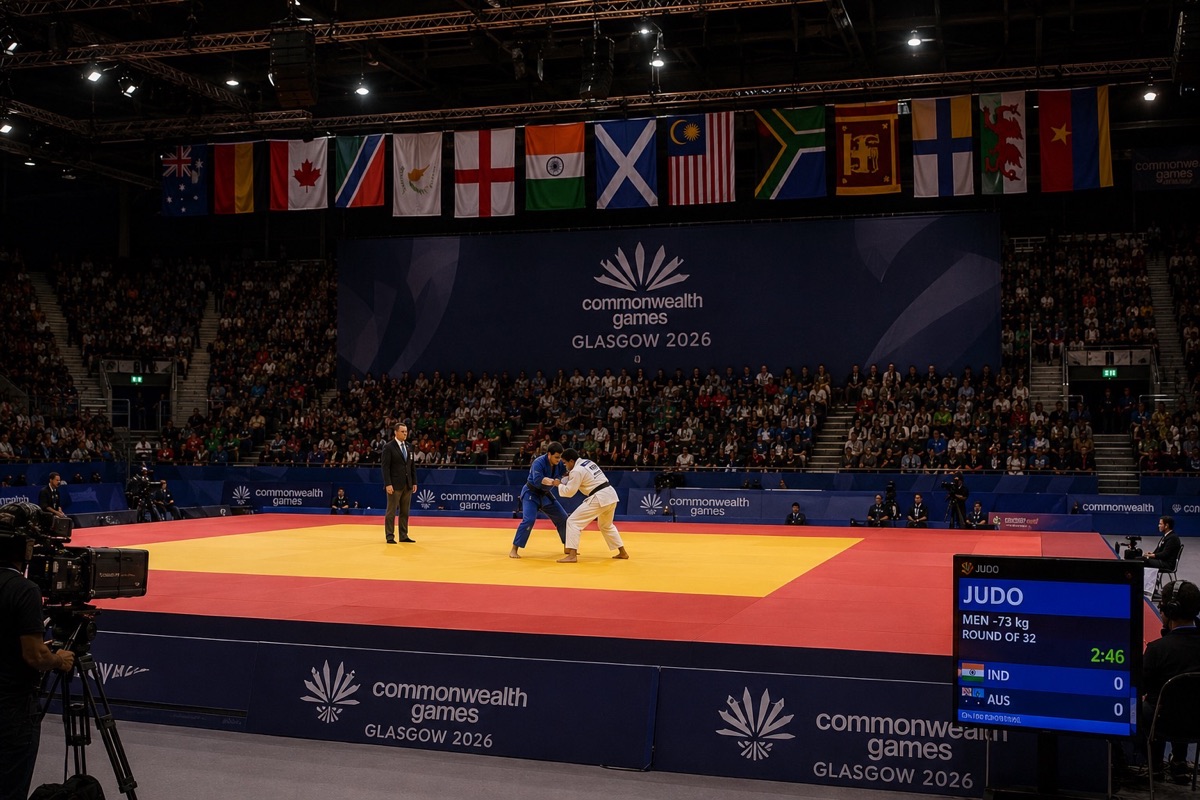 格拉斯哥2026英聯邦運動會柔道賽場上的比賽進行中。
