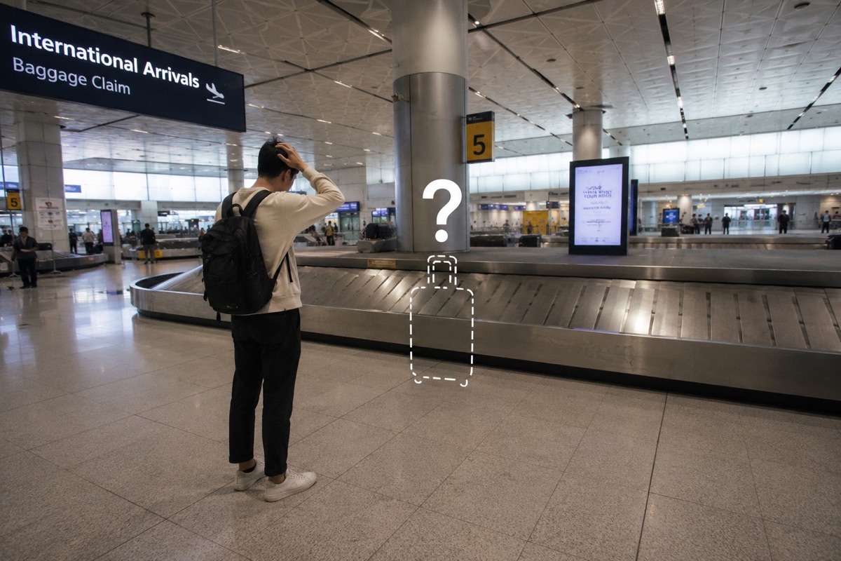一名旅客在機場行李輸送帶前困惑地站立,畫面疊加遺失行李的圖示。