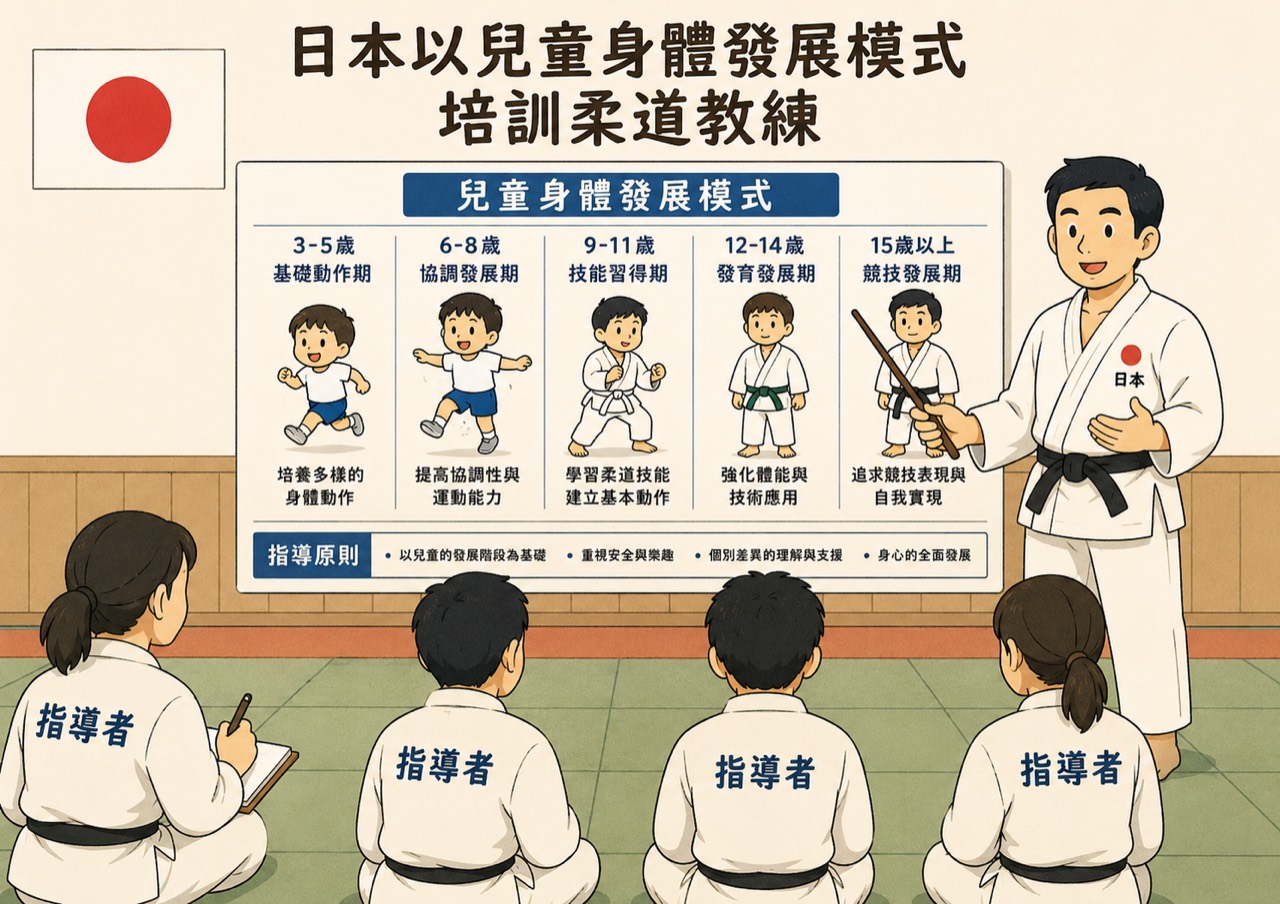 以兒童身體發展階段為主題的日本柔道教練培訓示意圖。