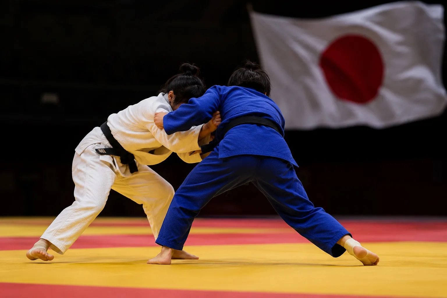 兩位女子柔道選手在柔道墊上對練,背景為日本國旗。