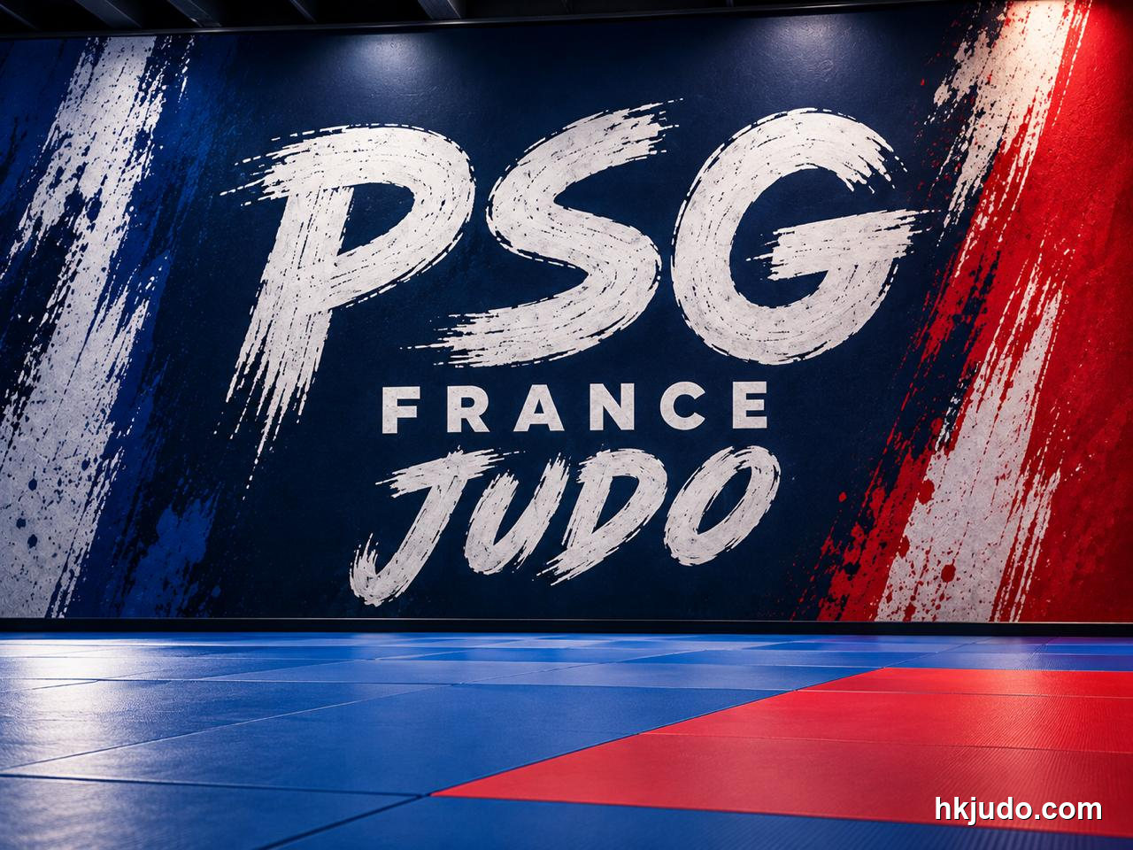 巴黎聖日耳門柔道練習場的藍色牆畫,寫有 PSG FRANCE JUDO,前方鋪有藍紅兩色地墊