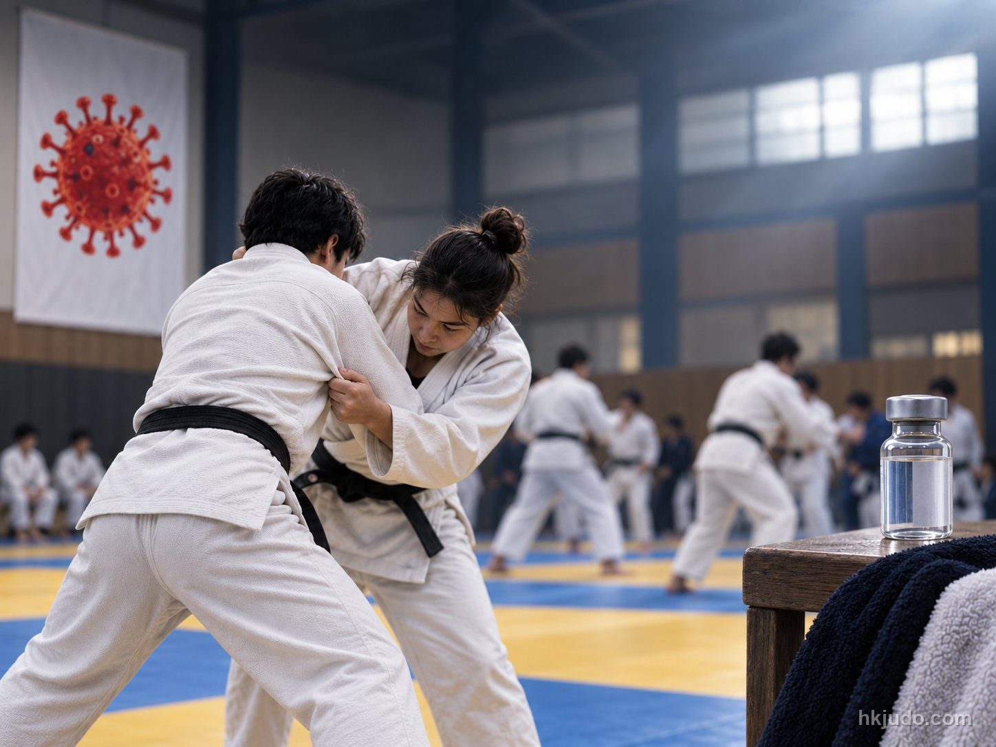 道館內柔道練習的插圖,背景有病毒橫幅及疫苗藥瓶(插圖,hkjudo.com)