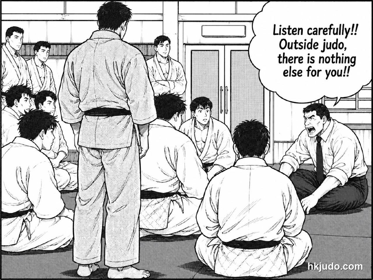 漫畫風格插圖:一班穿白色柔道衣的年輕選手坐在道場地板上,面向一位較年長的教練